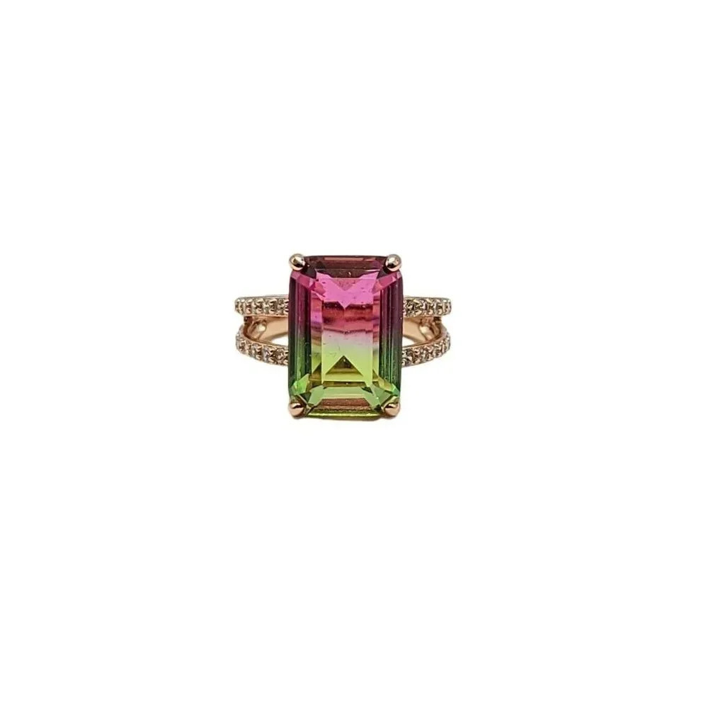 Pink Green Blended Glass Rhinestone Costume Bling Ring Size 5 Rose Gold Plated